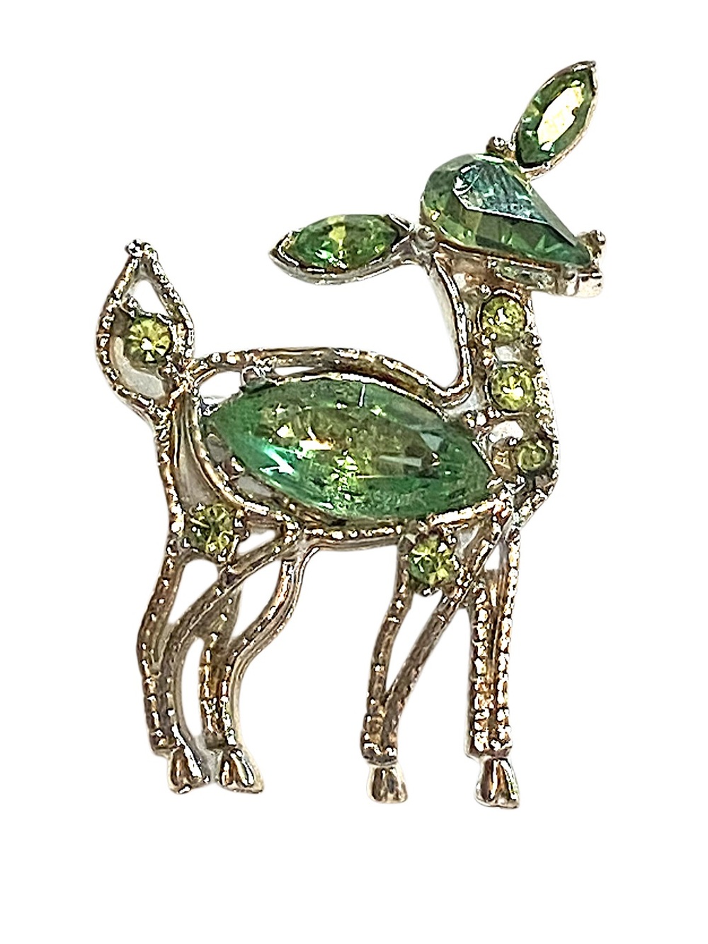 Vintage 1960s Green Rhinestone Deer Brooch Silver
